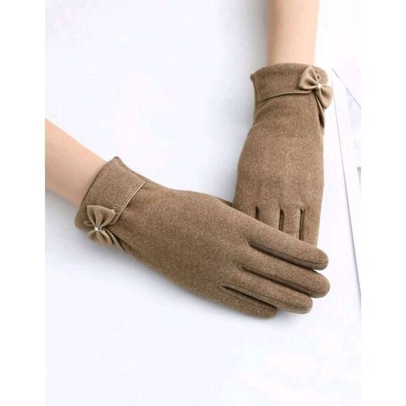 2/$21 Ladies Khaki Bow Design Elegant Winter Gloves - Picture 2 of 4